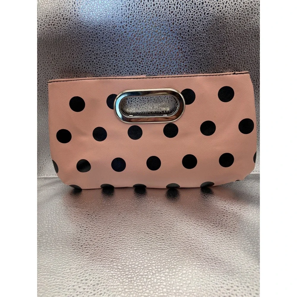 Pink Polka Dot Clutch‎ Bag Silver Metal Handle Pleated Faux Leather Handbag